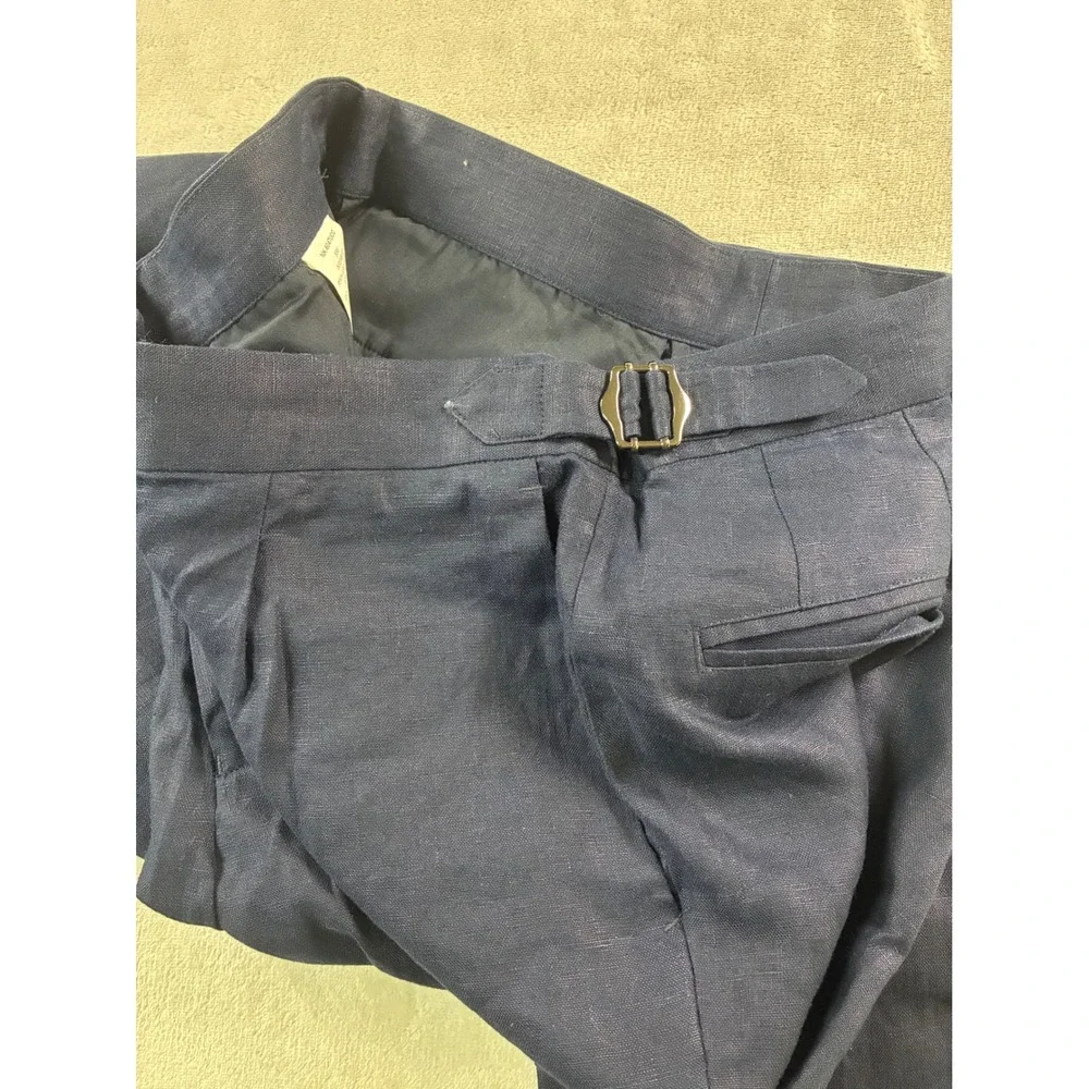 Collars & Co Mens Navy Blue 100% Linen Pleated Side Adjuster Trousers 30x32